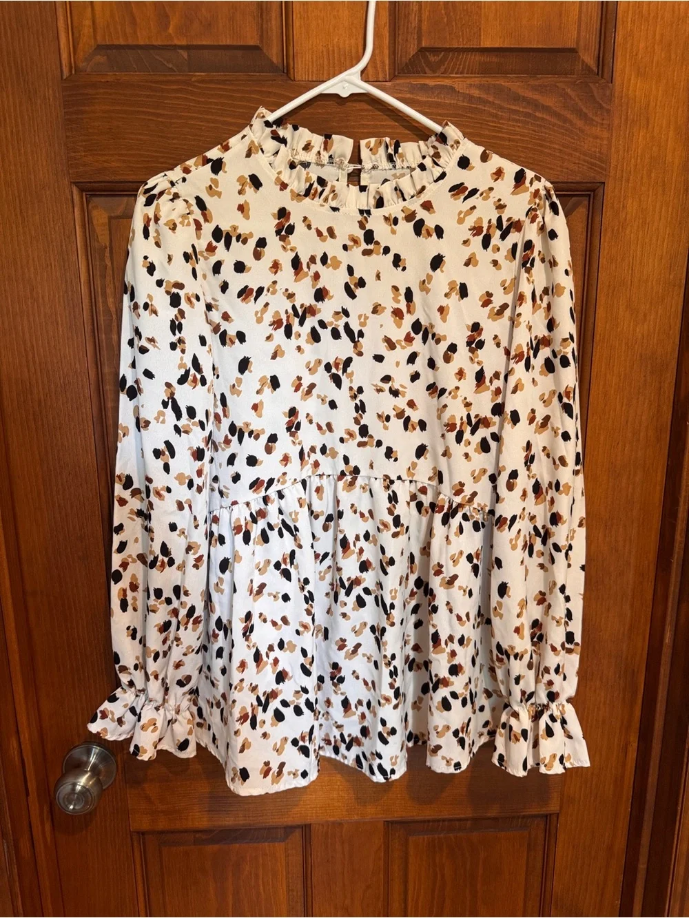 8B. Amazon Cream Ditsy Floral Peplum Blouse with Brown & Black Spots - Picture 2 of 8